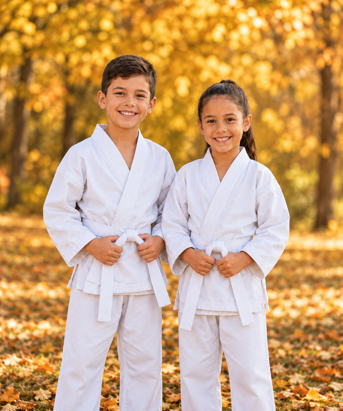 Two smiling children wearing white martial arts uniforms and white belts